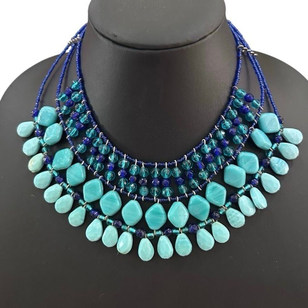 Multi strand Bib Statement Necklace Faux Turquoise & Blue Bead Tiered Waterfall - Picture 9 of 9